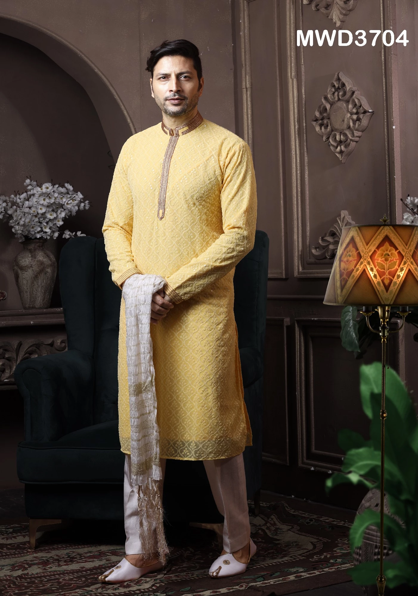 Readymade Yellow Chikankari Kurta Pajama In Georgette, 36-1.webp